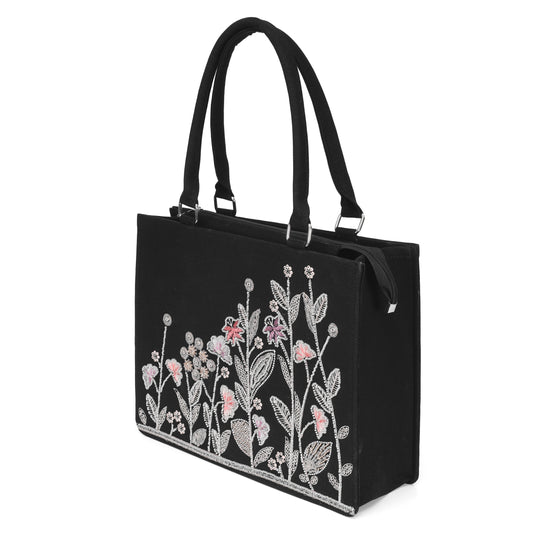 Elegant Black Botanical Embroidered Tote Bag