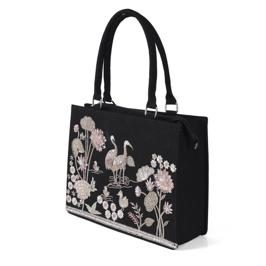 Elegant Black Crane & Lotus Embroidered Tote Bag