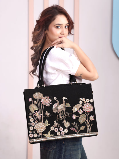 Elegant Black Crane & Lotus Embroidered Tote Bag