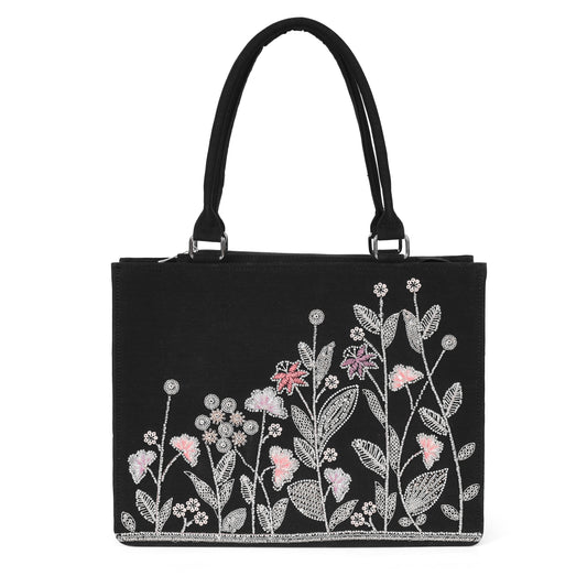 Elegant Black Botanical Embroidered Tote Bag