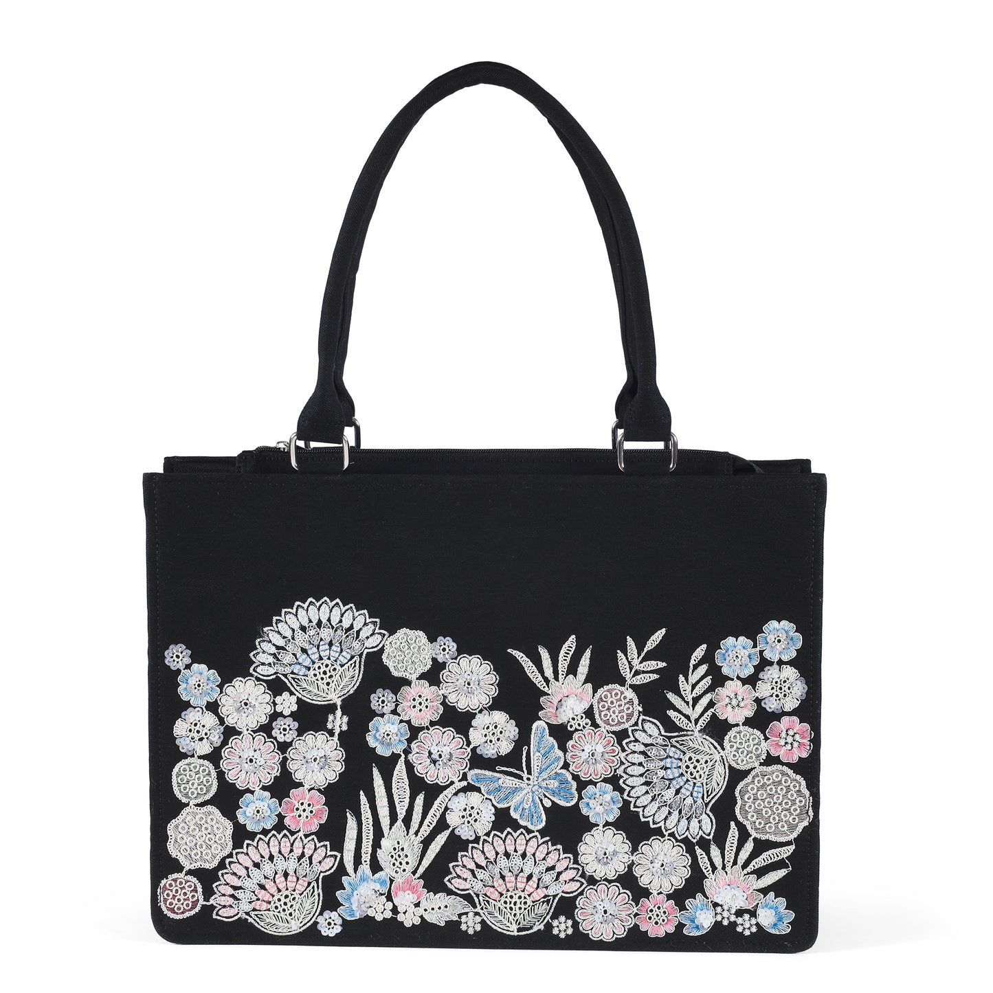 Elegant Black Floral Embroidered Tote Bag