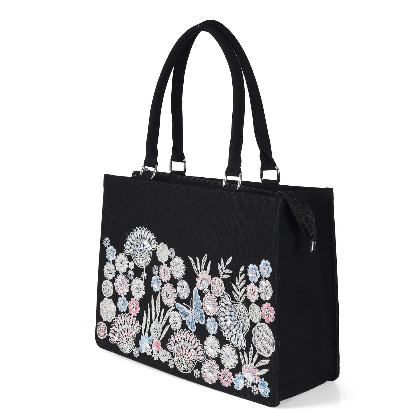 Elegant Black Floral Embroidered Tote Bag