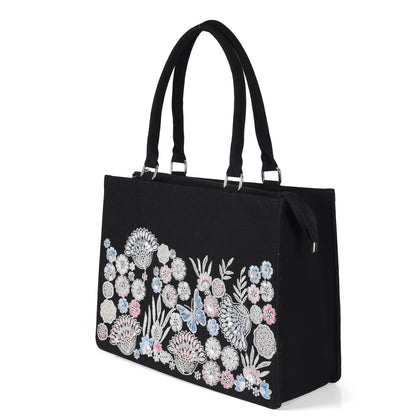 Elegant Black Floral Embroidered Tote Bag