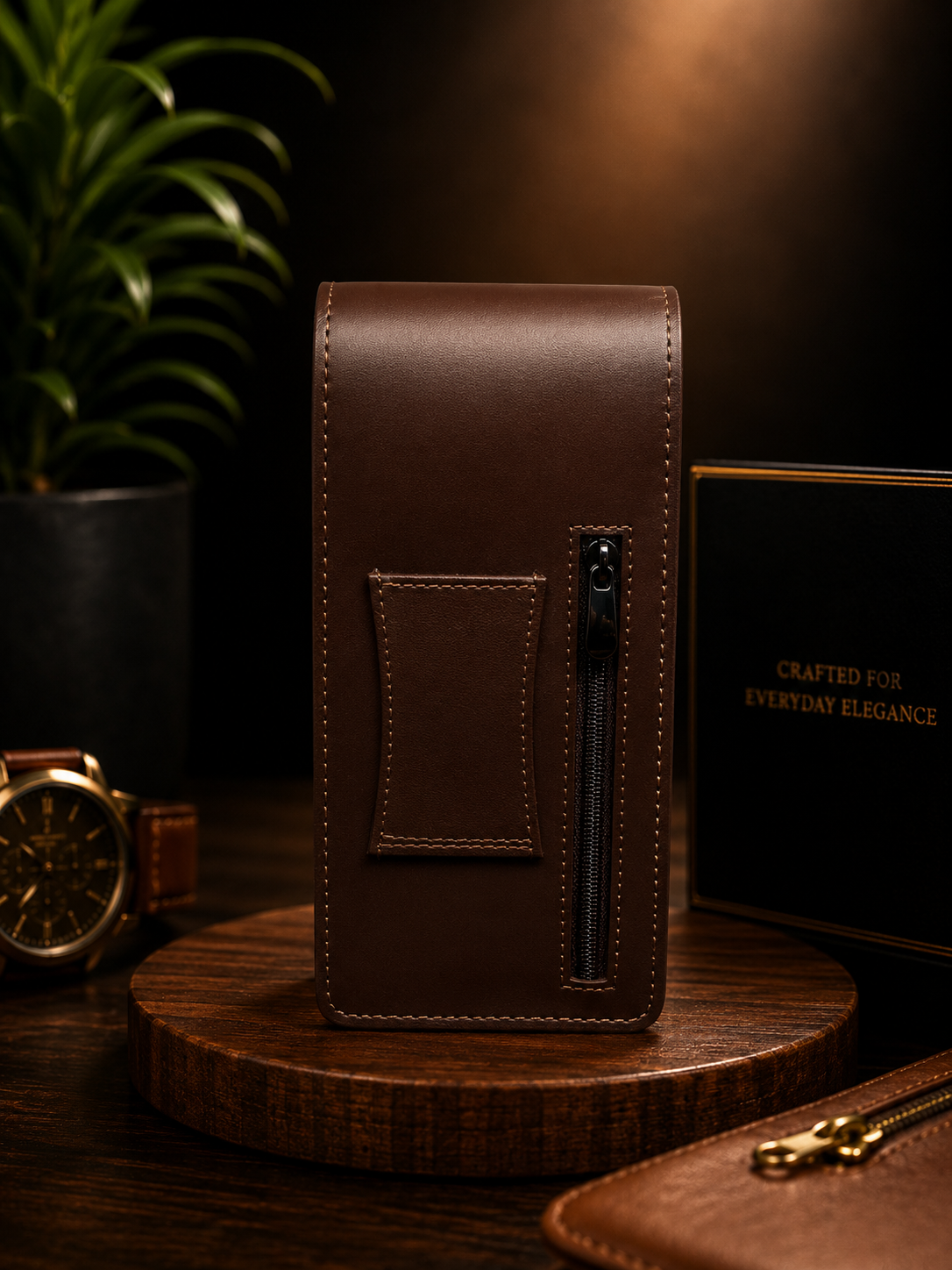 Dark Brown Dual-Phone Genuine Leather Pouch